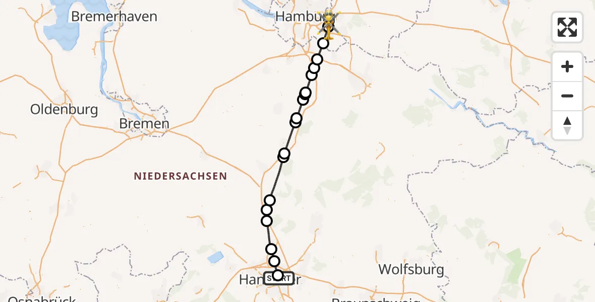 Flugroute Rettungshubschrauber Hannover Luftrettung Hubschrauberlandeplatz (Christoph 4) - Christoph Hansa ADAC Hubschrauberlandeplatz, 21 August 2026, 13:20