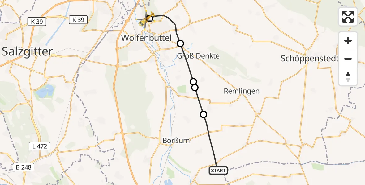 Flugroute Rettungshubschrauber Börßum - Wolfenbüttel Municipal Hospital Heliport (Christoph 30), 21 August 2026, 13:21