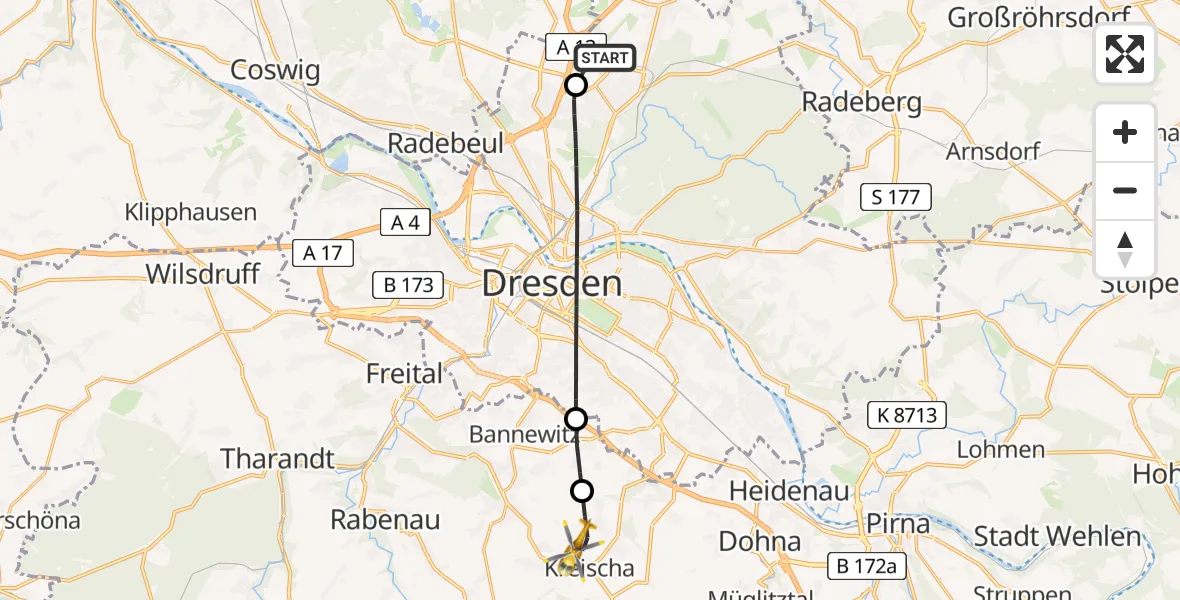 Flugroute Rettungshubschrauber Dresden Flughafen - Kreischa, 21 August 2026, 13:22