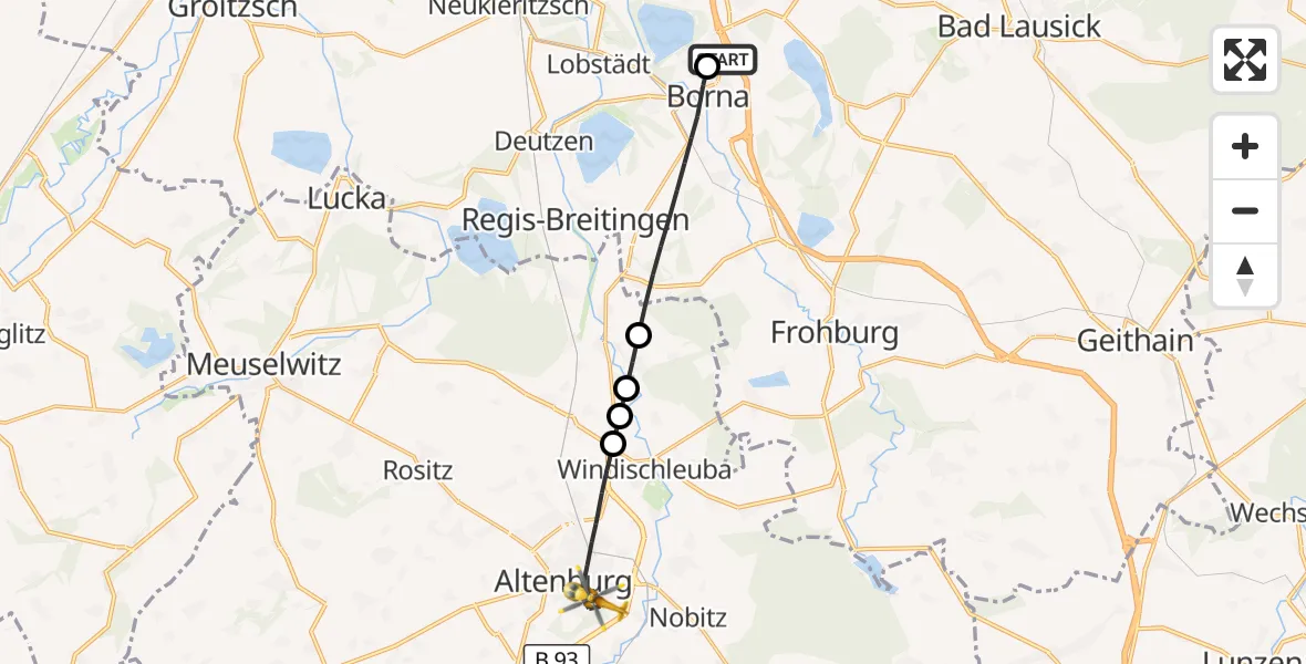Flugroute Rettungshubschrauber Sana Hospital Borna - Altenburg, 21 August 2026, 13:30