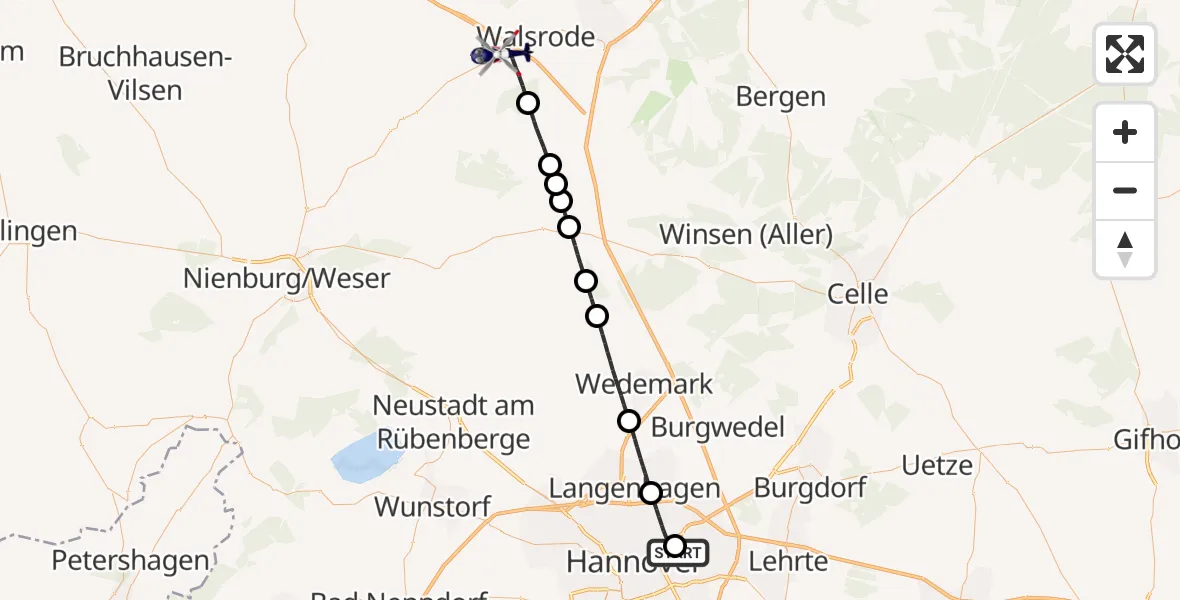 Flugroute Polizeihubschrauber Hannover Luftrettung Hubschrauberlandeplatz (Christoph 4) - Walsrode, 21 August 2026, 13:33