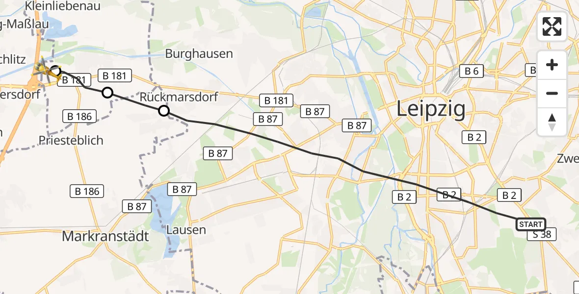 Flugroute Rettungshubschrauber Leipzig - ADAC Air Rescue Station Leipzig/Schkeuditz-Dölzig Hubschrauberlandeplatz (Christoph 61), 21 August 2026, 13:34