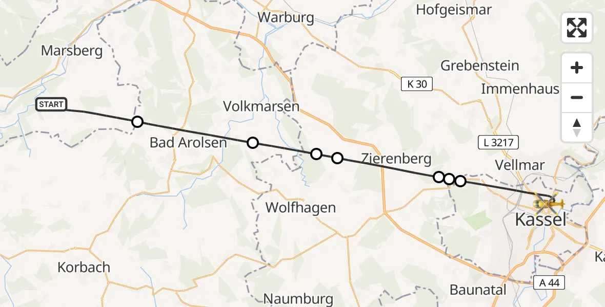 Flugroute Rettungshubschrauber Marsberg - Kassel, 21 August 2026, 13:35