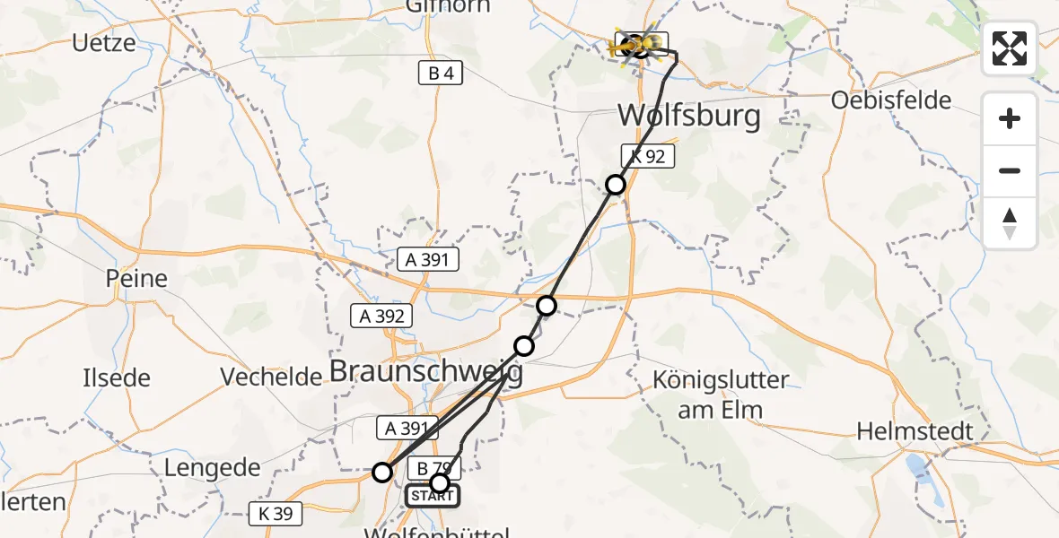 Flugroute Rettungshubschrauber Wolfenbüttel - Weyhausen, 21 August 2026, 13:41