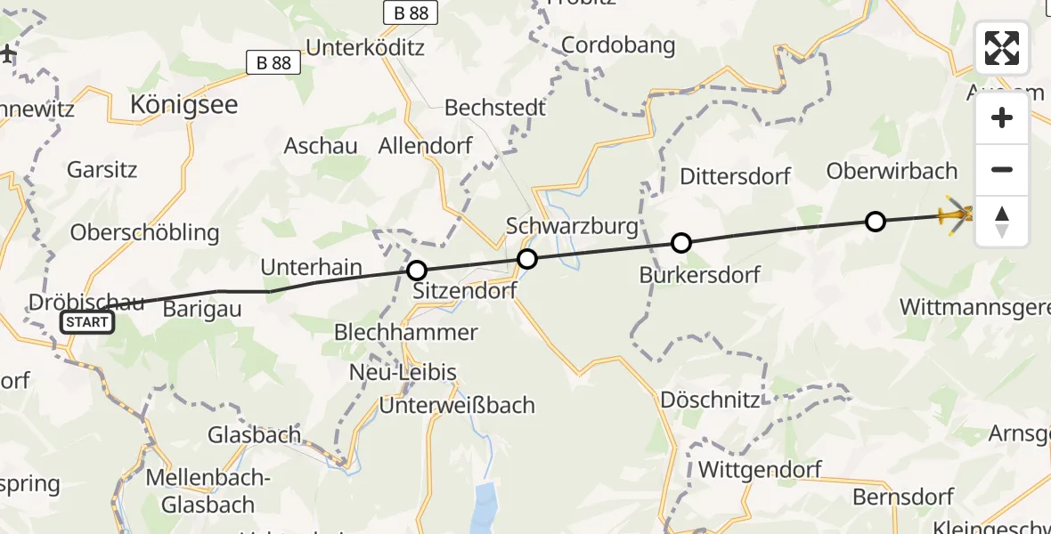 Flugroute Rettungshubschrauber Königsee - Saalfeld/Saale, 21 August 2026, 13:44