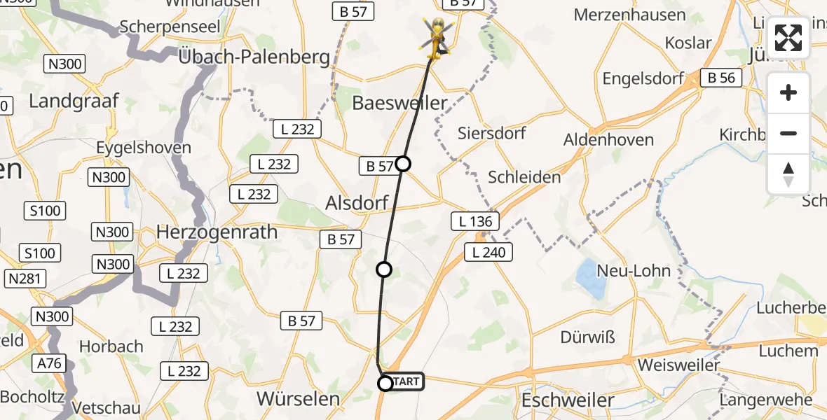 Flugroute Rettungshubschrauber Aachen-Merzbrück Flughafen - Baesweiler, 21 August 2026, 13:54