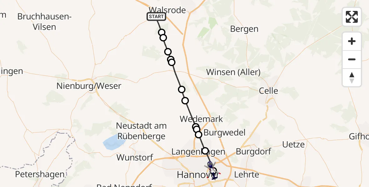 Flugroute Polizeihubschrauber Walsrode - Hannover Luftrettung Hubschrauberlandeplatz (Christoph 4), 21 August 2026, 14:10