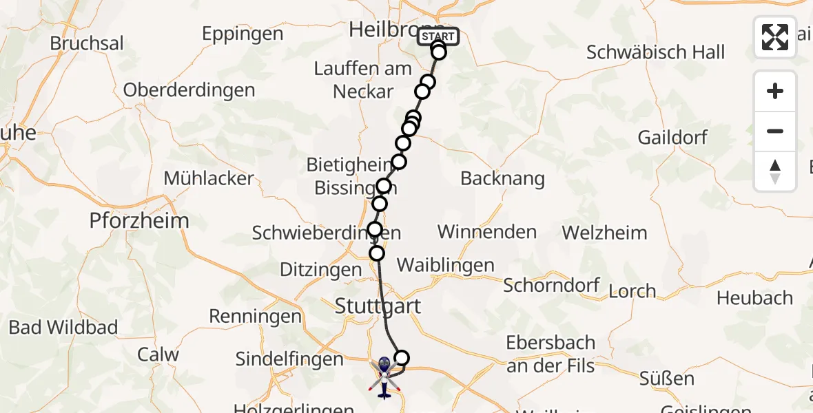 Flugroute Polizeihubschrauber Weinsberg - Flughafen Stuttgart, 21 August 2026, 14:21