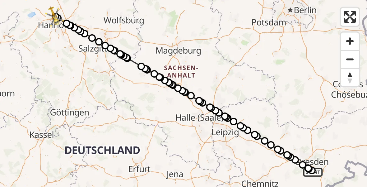Flugroute Rettungshubschrauber Kreischa - Flughafen Hannover, 21 August 2026, 14:21