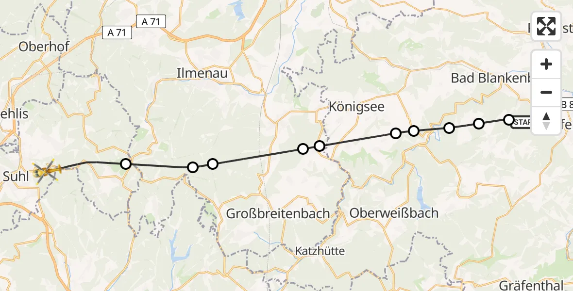 Flugroute Rettungshubschrauber Saalfeld/Saale - Suhl, 21 August 2026, 14:27