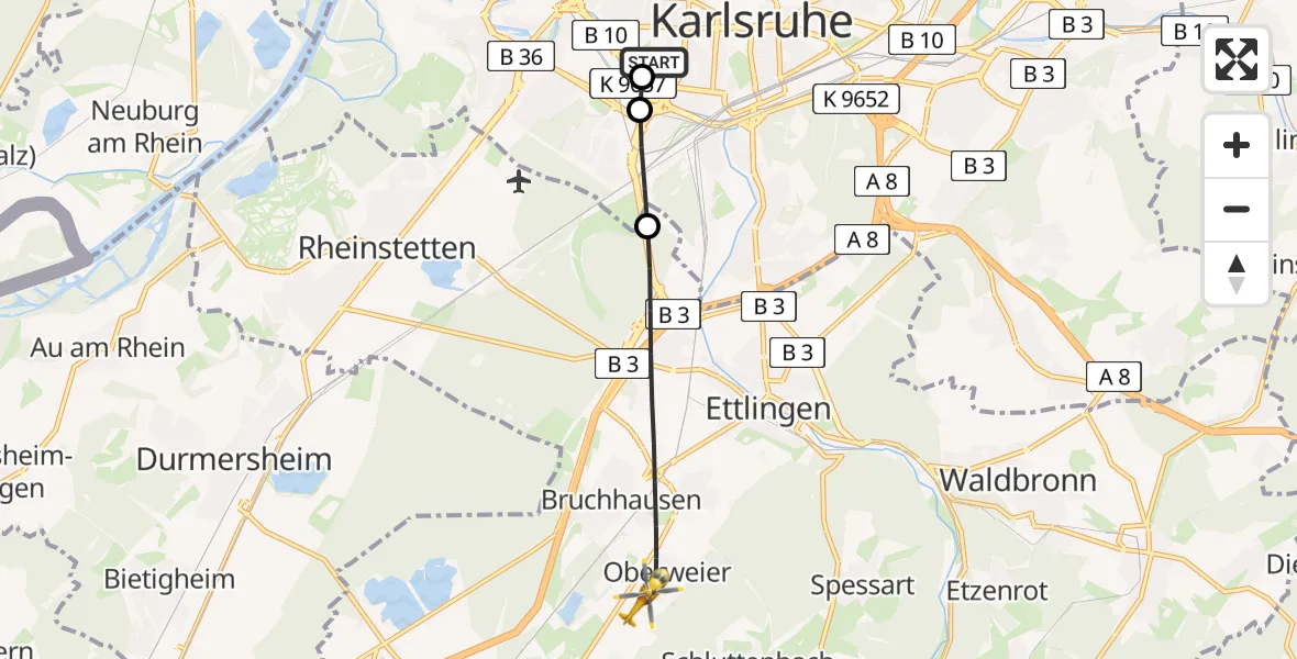 Flugroute Ambulanzhubschrauber Sankt Vincentius Hospital - Ettlingen, 21 August 2026, 14:33