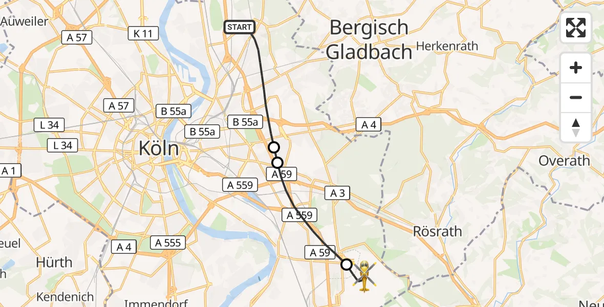 Flugroute Rettungshubschrauber Köln - Köln Bonn Flughafen, 21 August 2026, 14:37