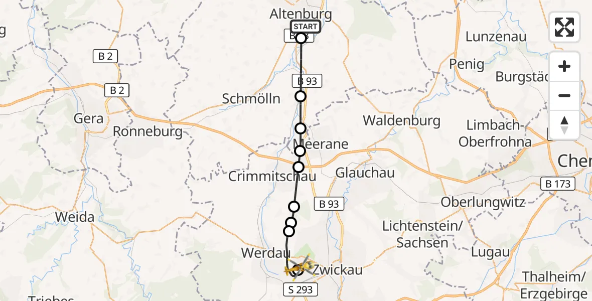 Flugroute Rettungshubschrauber Altenburg - ADAC Air Rescue Station Zwickau Hubschrauberlandeplatz, 21 August 2026, 14:38