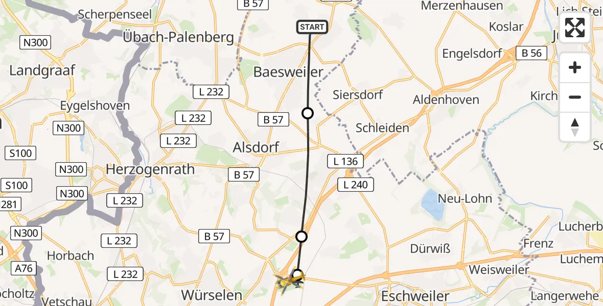 Flugroute Rettungshubschrauber Baesweiler - Aachen-Merzbrück Flughafen, 21 August 2026, 14:41