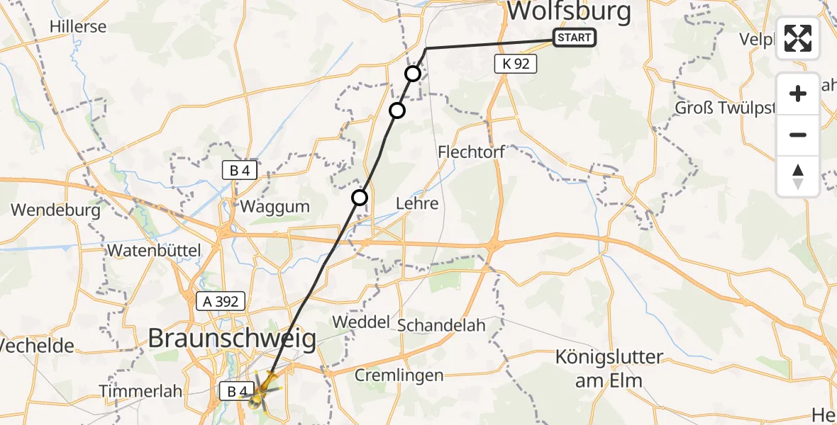Flugroute Rettungshubschrauber Wolfsburg - Braunschweig, 21 August 2026, 14:43