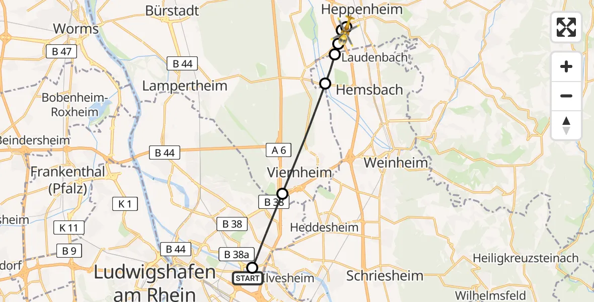Flugroute Rettungshubschrauber Mannheim-City Flughafen - Bergstraße District Hospital, 21 August 2026, 14:49