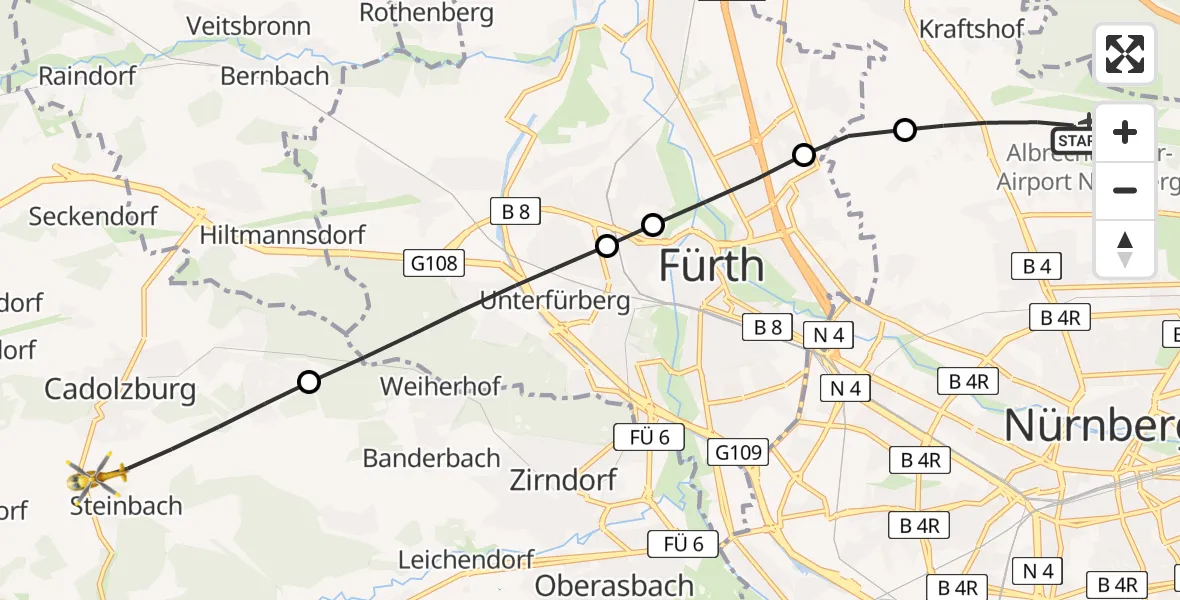 Flugroute Ambulanzhubschrauber Flughafen Nuremberg - Cadolzburg, 21 August 2026, 14:58