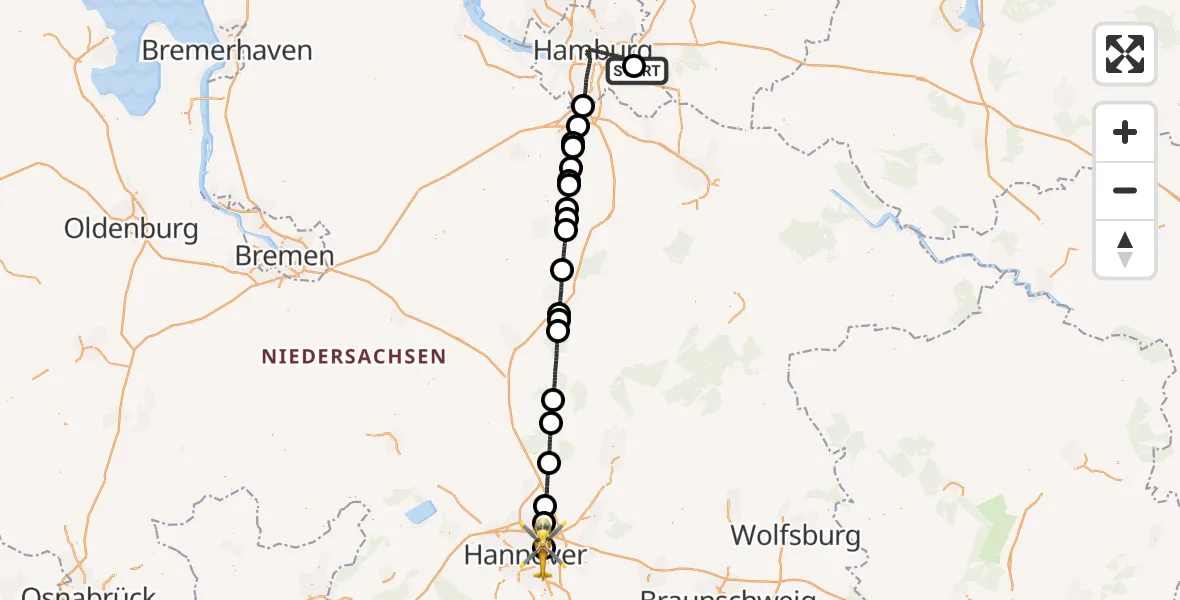 Flugroute Rettungshubschrauber Christoph Hansa ADAC Hubschrauberlandeplatz - Hannover Luftrettung Hubschrauberlandeplatz (Christoph 4), 21 August 2026, 14:58
