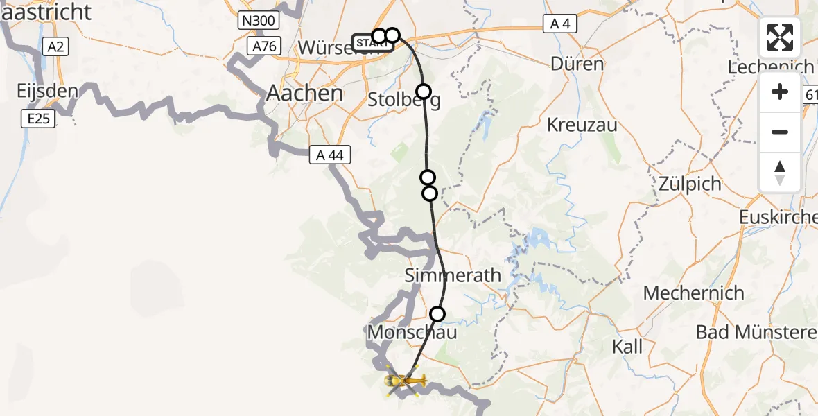 Flugroute Rettungshubschrauber Aachen-Merzbrück Flughafen - Monschau, 21 August 2026, 15:00