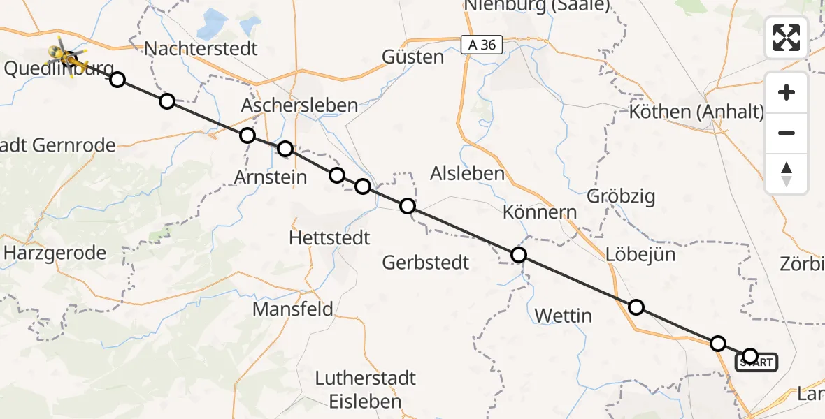 Flugroute Rettungshubschrauber Halle-Oppin Flugplatz - Harz Hospital Quedlinburg, 21 August 2026, 15:03