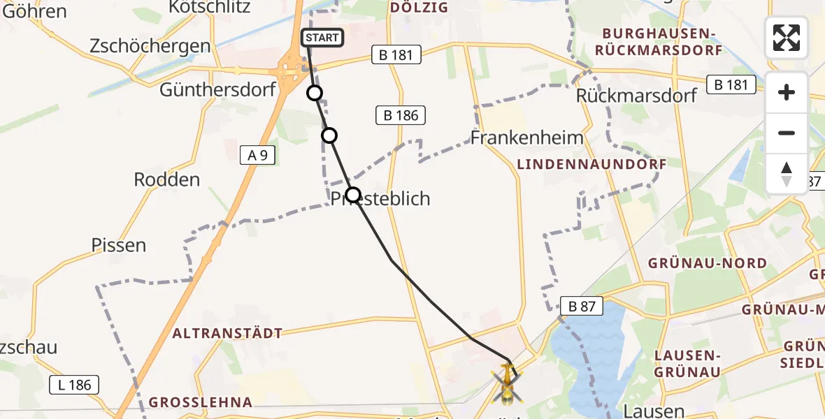Flugroute Rettungshubschrauber ADAC Air Rescue Station Leipzig/Schkeuditz-Dölzig Hubschrauberlandeplatz (Christoph 61) - Markranstädt, 21 August 2026, 15:07