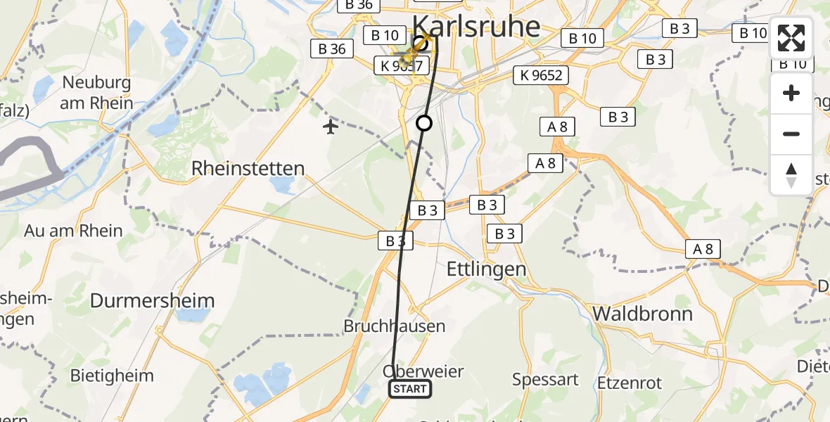 Flugroute Ambulanzhubschrauber Ettlingen - Sankt Vincentius Hospital, 21 August 2026, 15:19