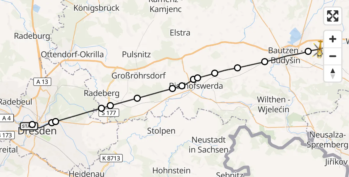 Flugroute Rettungshubschrauber Dresden Friedrichstadt Hospital - Bautzen Flugplatz, 21 August 2026, 15:26
