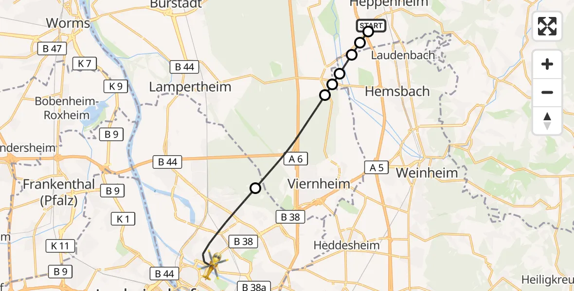 Flugroute Rettungshubschrauber Bergstraße District Hospital - Mannheim, 21 August 2026, 15:31