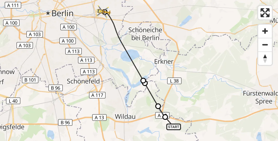 Flugroute Rettungshubschrauber Heidesee - Berlin Emergency Hospital, 21 August 2026, 15:42