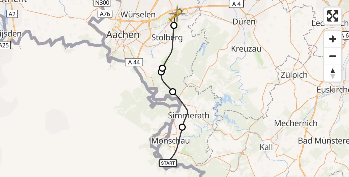 Flugroute Rettungshubschrauber Monschau - Eschweiler, 21 August 2026, 15:44
