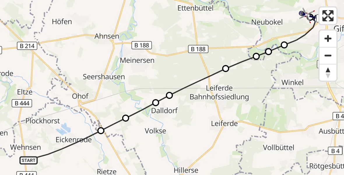 Flugroute Polizeihubschrauber Edemissen - Gifhorn Bundespolizei Hubschrauberlandeplatz, 21 August 2026, 15:49