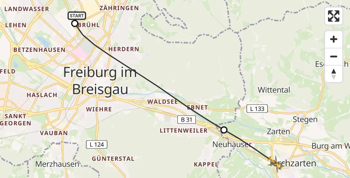Flugroute Ambulanzhubschrauber Freiburg im Breisgau Flugplatz - Kirchzarten, 21 August 2026, 15:51