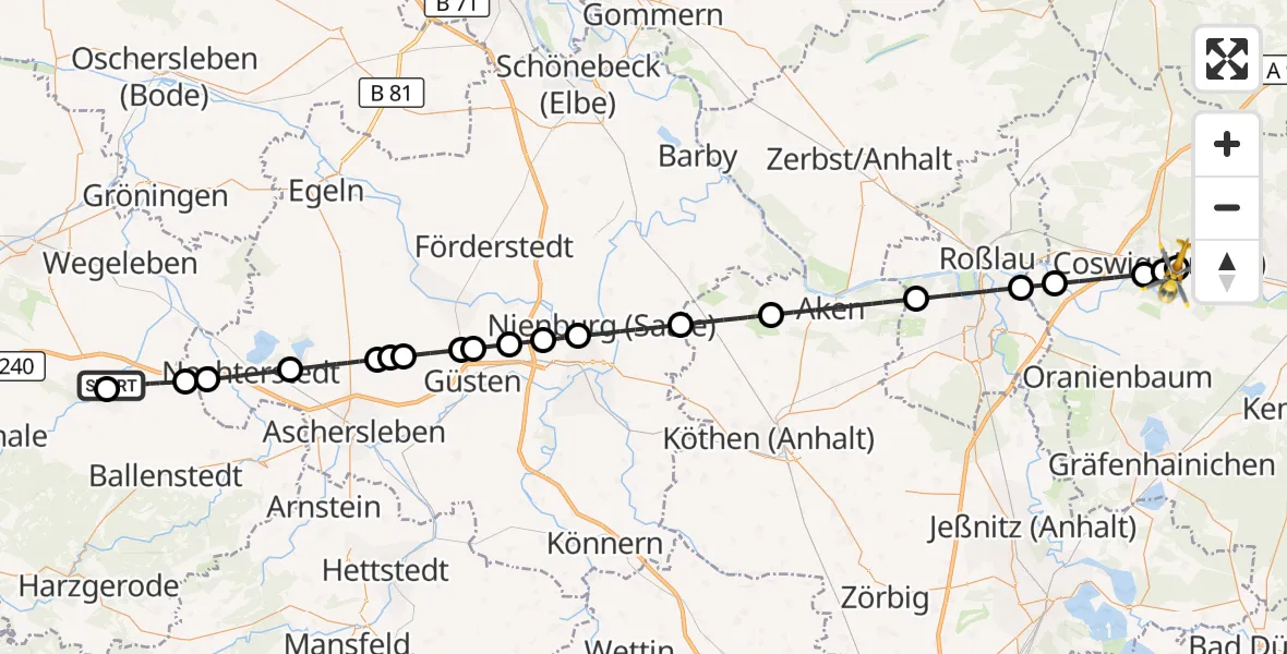 Flugroute Rettungshubschrauber Harz Hospital Quedlinburg - MediClin Heart Center Coswig Hubschrauberlandeplatz, 21 August 2026, 15:52