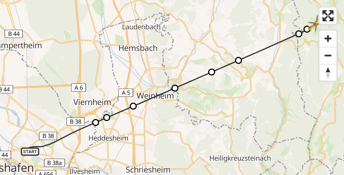 Flugroute Rettungshubschrauber Mannheim - Mossautal, 21 August 2026, 16:00