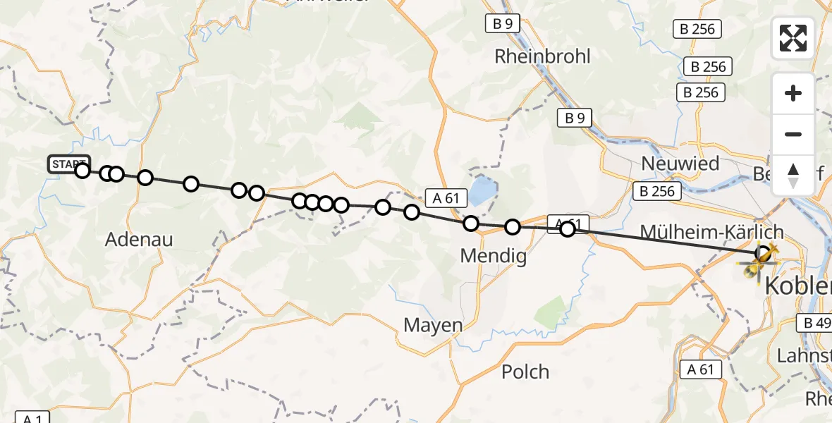 Flugroute Rettungshubschrauber Fuchshofen - Koblenz, 21 August 2026, 16:03