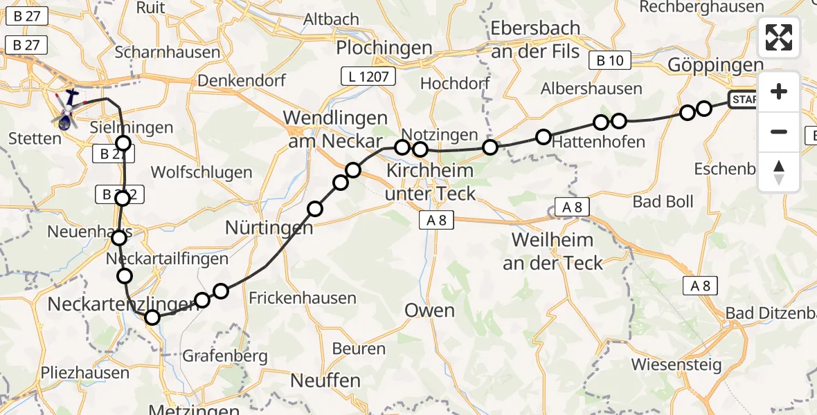 Flugroute Polizeihubschrauber Göppingen - Flughafen Stuttgart, 21 August 2026, 16:09