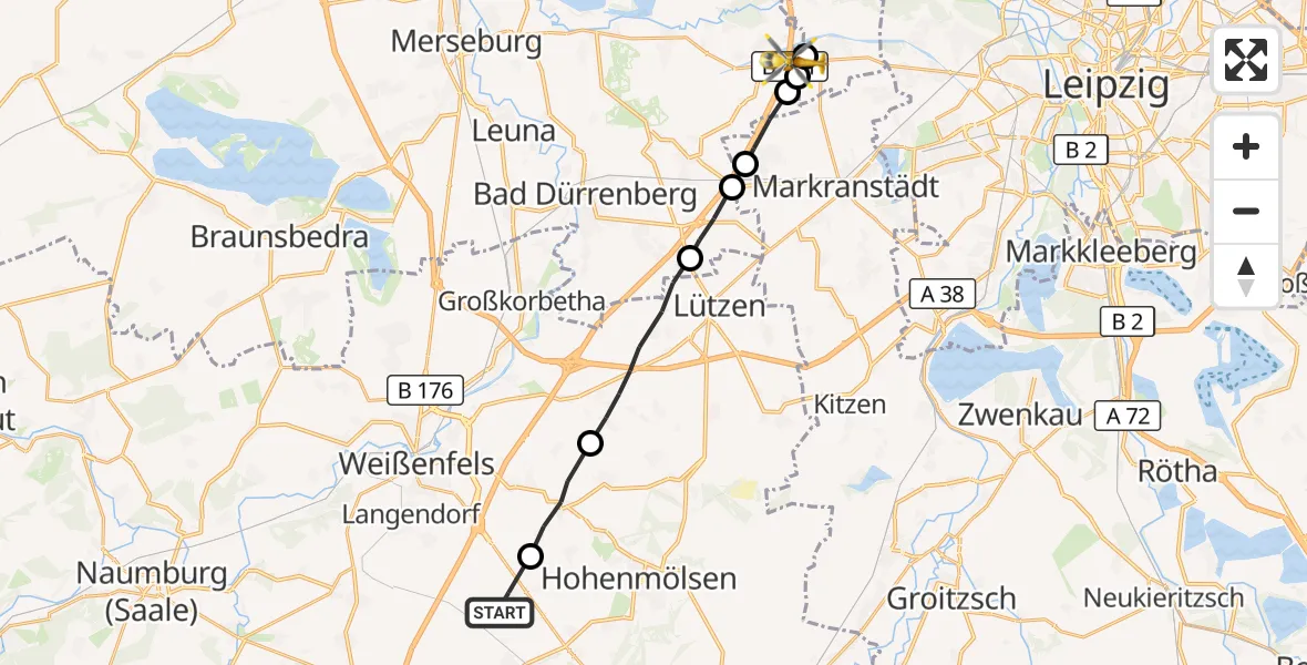 Flugroute Rettungshubschrauber Teuchern - ADAC Air Rescue Station Leipzig/Schkeuditz-Dölzig Hubschrauberlandeplatz (Christoph 61), 21 August 2026, 16:11