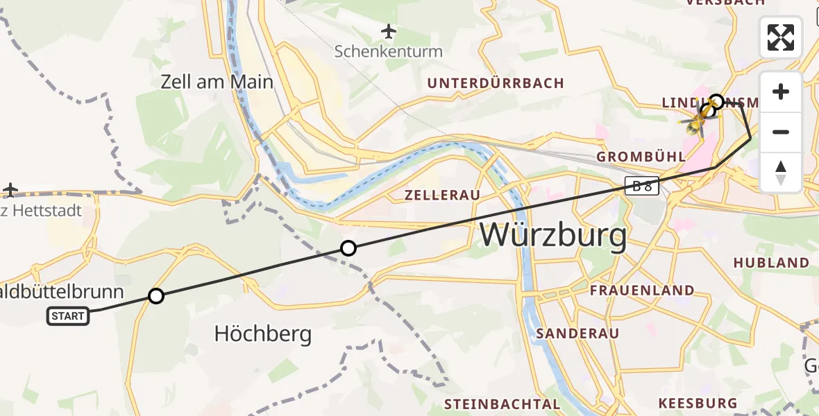 Flugroute Rettungshubschrauber Waldbüttelbrunn - Würzburg University Hospital Rooftop, 21 August 2026, 16:12