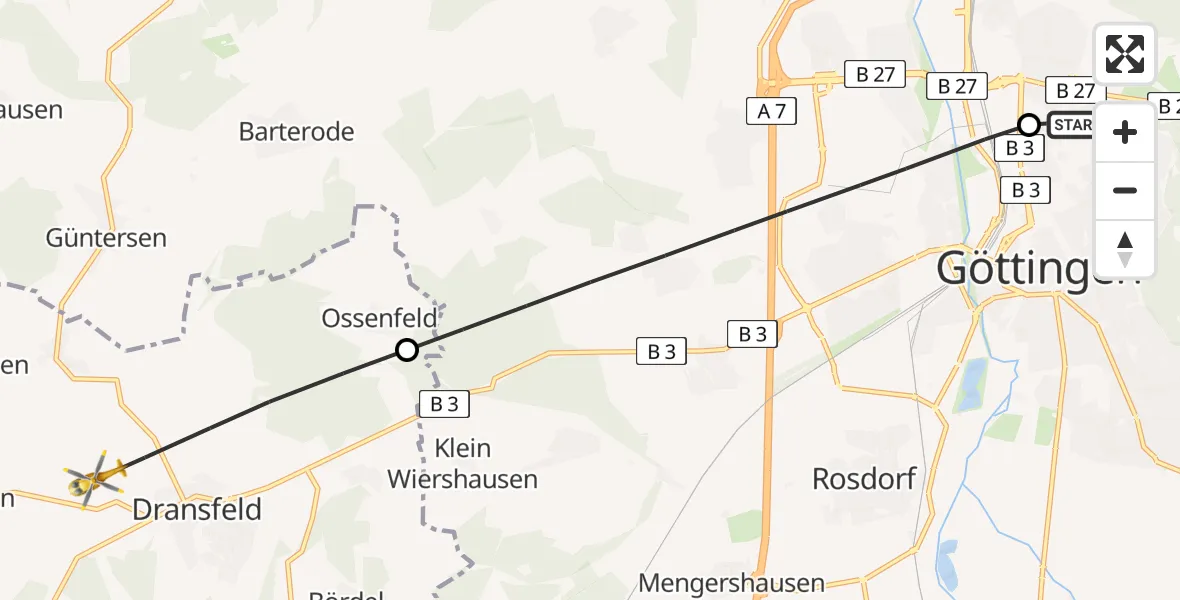 Flugroute Rettungshubschrauber Göttingen University Clinic Hubschrauberlandeplatz - Dransfeld, 21 August 2026, 16:13