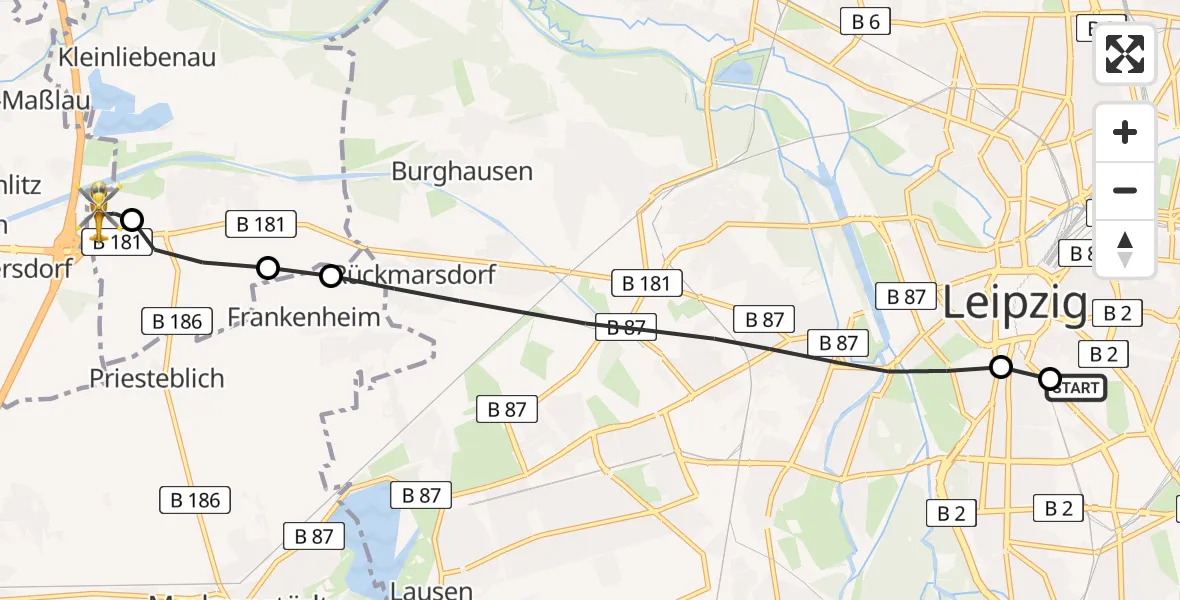 Flugroute Rettungshubschrauber Leipzig University Hospital Heliport 1 - ADAC Air Rescue Station Leipzig/Schkeuditz-Dölzig Hubschrauberlandeplatz (Christoph 61), 21 August 2026, 16:17