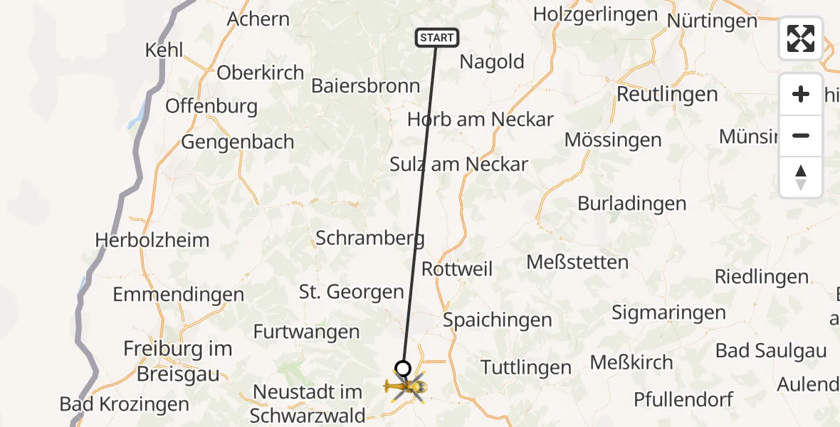 Flugroute Ambulanzhubschrauber Altensteig - Donaueschingen, 21 August 2026, 16:21