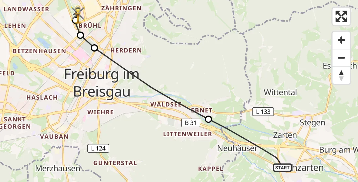 Flugroute Ambulanzhubschrauber Kirchzarten - Freiburg im Breisgau Flugplatz, 21 August 2026, 16:35
