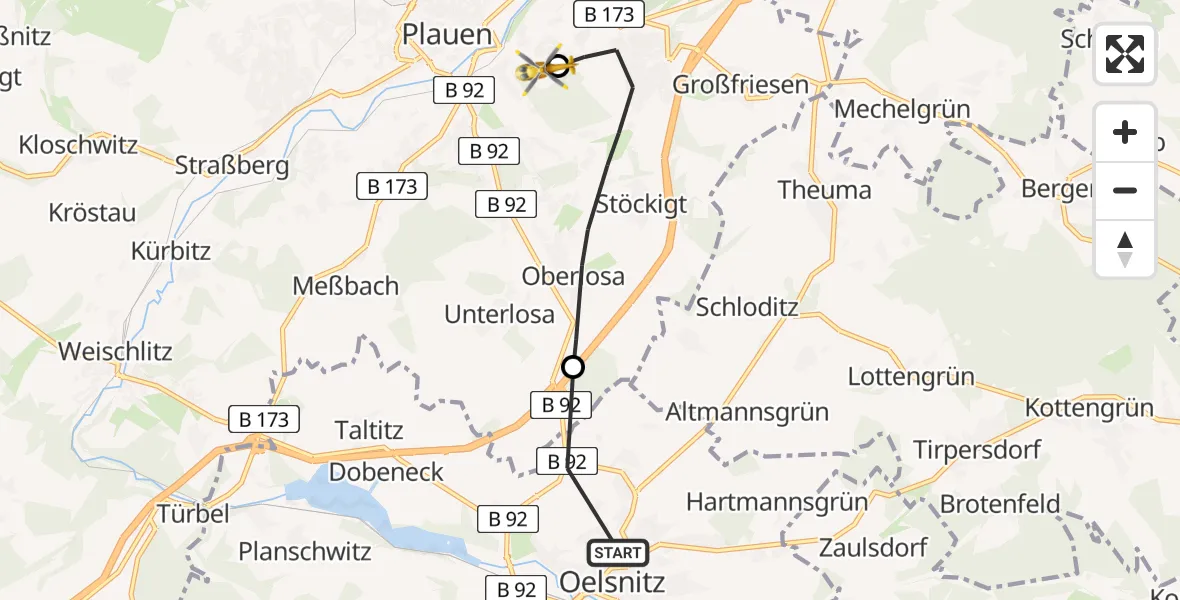 Flugroute Rettungshubschrauber Oelsnitz/Vogtl. - Helios Clinic Plauen Hubschrauberlandeplatz, 21 August 2026, 16:45