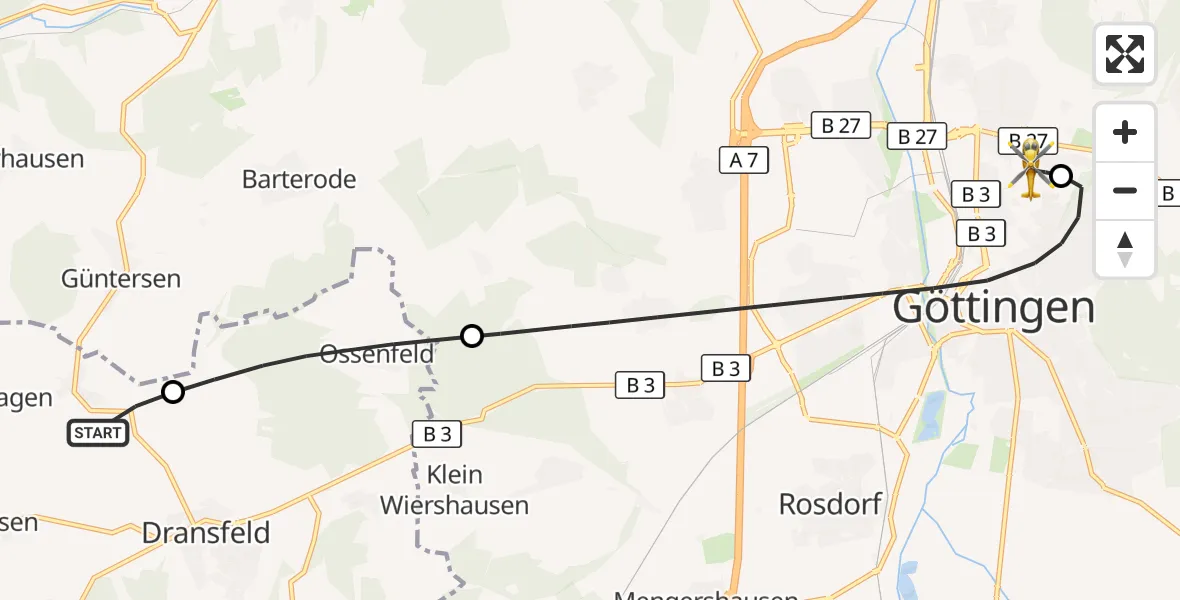 Flugroute Rettungshubschrauber Niemetal - Göttingen University Clinic Hubschrauberlandeplatz, 21 August 2026, 16:45
