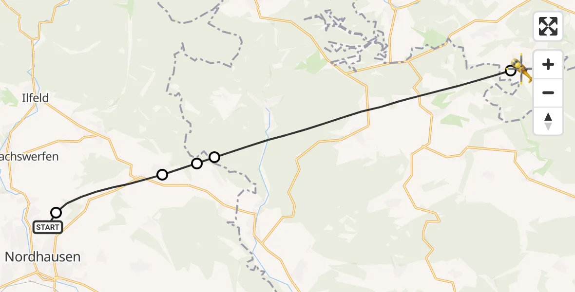 Flugroute Rettungshubschrauber Südharz Hospital Nordhausen - Harzgerode, 21 August 2026, 16:46