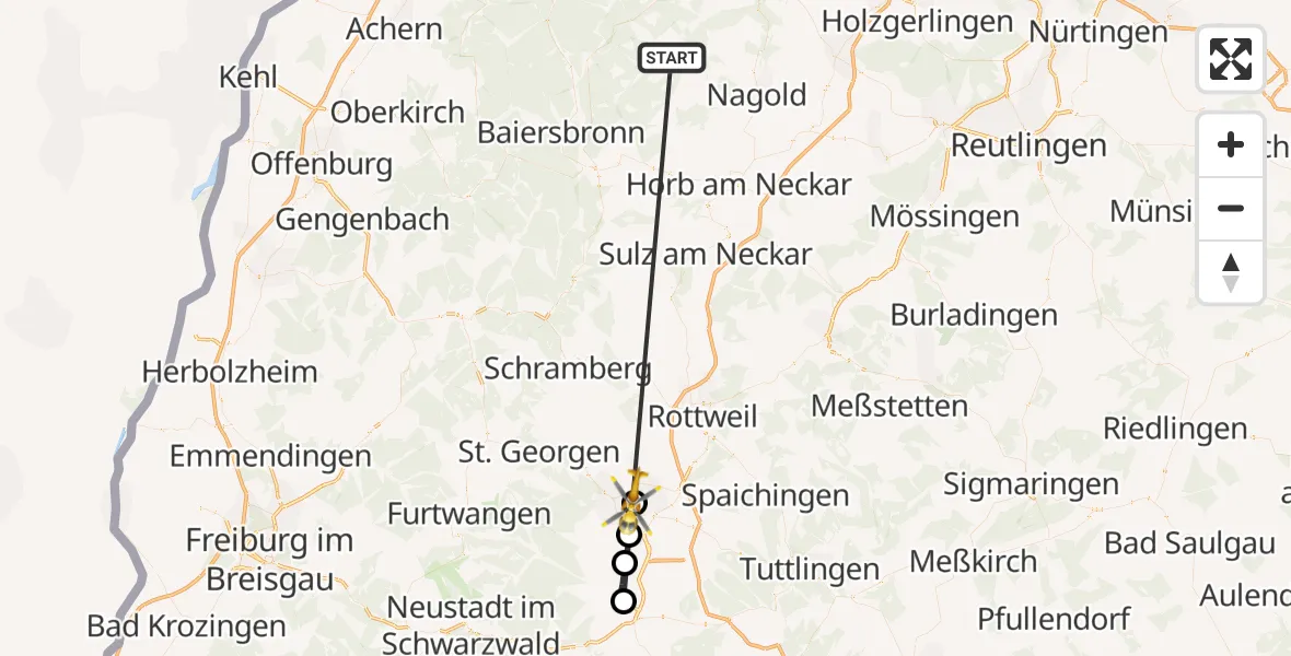 Flugroute Ambulanzhubschrauber Altensteig - DRF Air Rescue Station Villingen-Schwenningen Hubschrauberlandeplatz (Christoph 11), 21 August 2026, 16:47