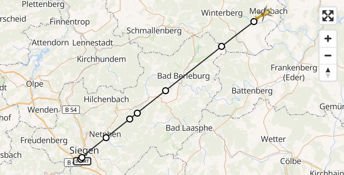 Flugroute Rettungshubschrauber Evangelisches Jung-Stilling Hospital - Medebach, 21 August 2026, 16:47