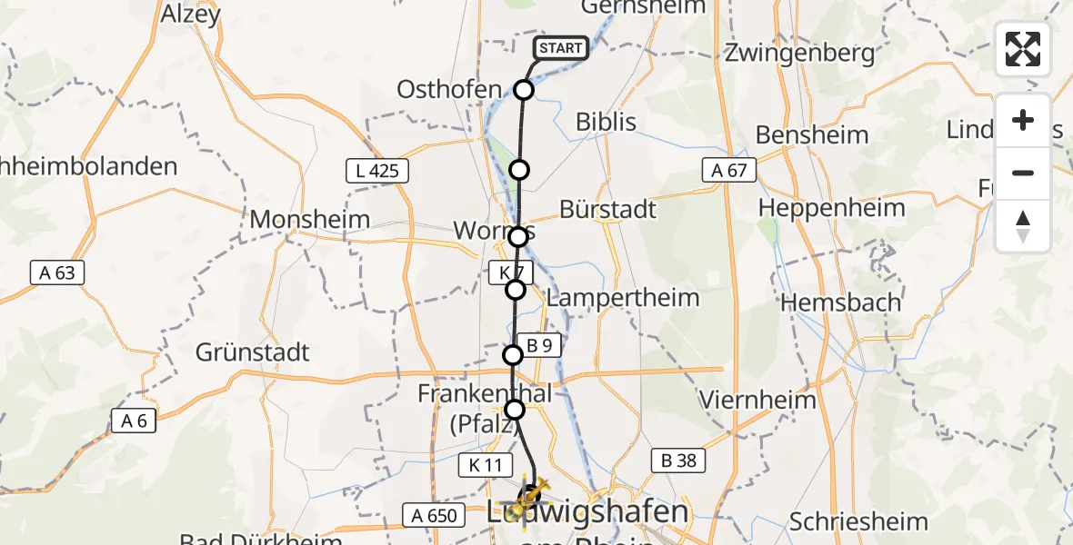 Flugroute Rettungshubschrauber Worms - Ludwigshafen Accident Hospital, 21 August 2026, 16:48