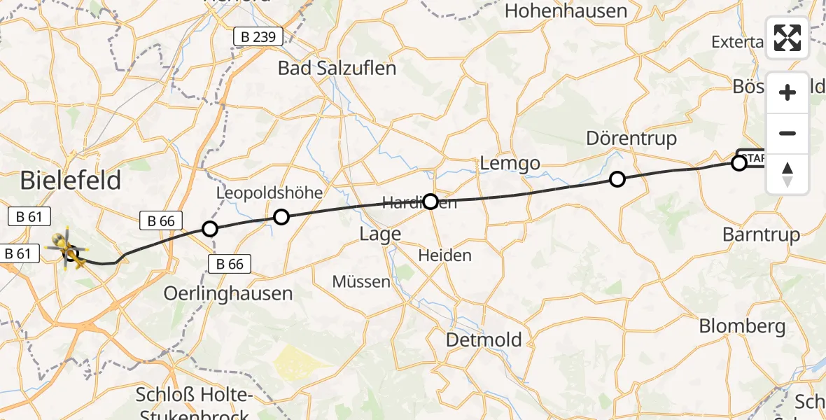 Flugroute Rettungshubschrauber Barntrup - Luftrettungszentrum Bielefeld, 21 August 2026, 16:56