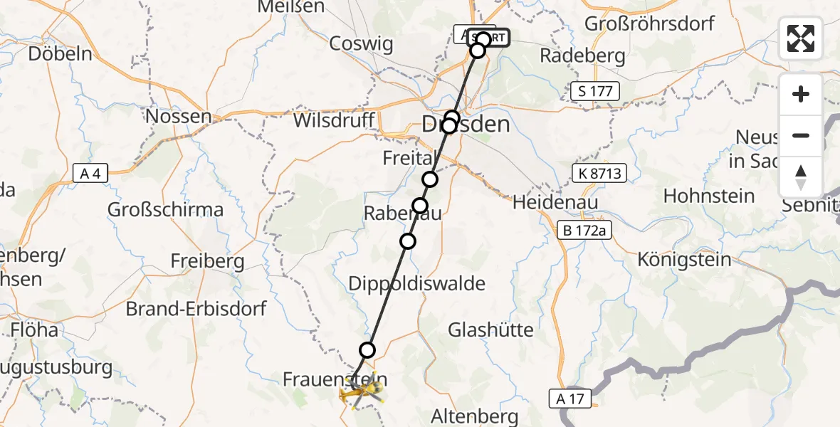 Flugroute Rettungshubschrauber Dresden Bundespolizei Hubschrauberlandeplatz - Hartmannsdorf-Reichenau, 21 August 2026, 17:04